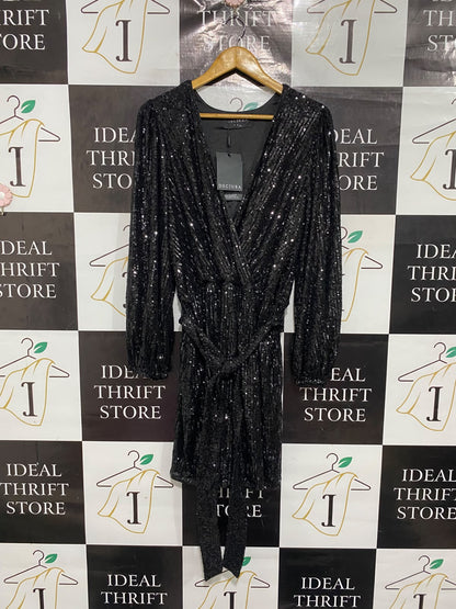 DECJUBA |L | BUST 18 | A73 |  BLACK SEQUIN SPARKLY WRAP BELTED PARTY DRESS