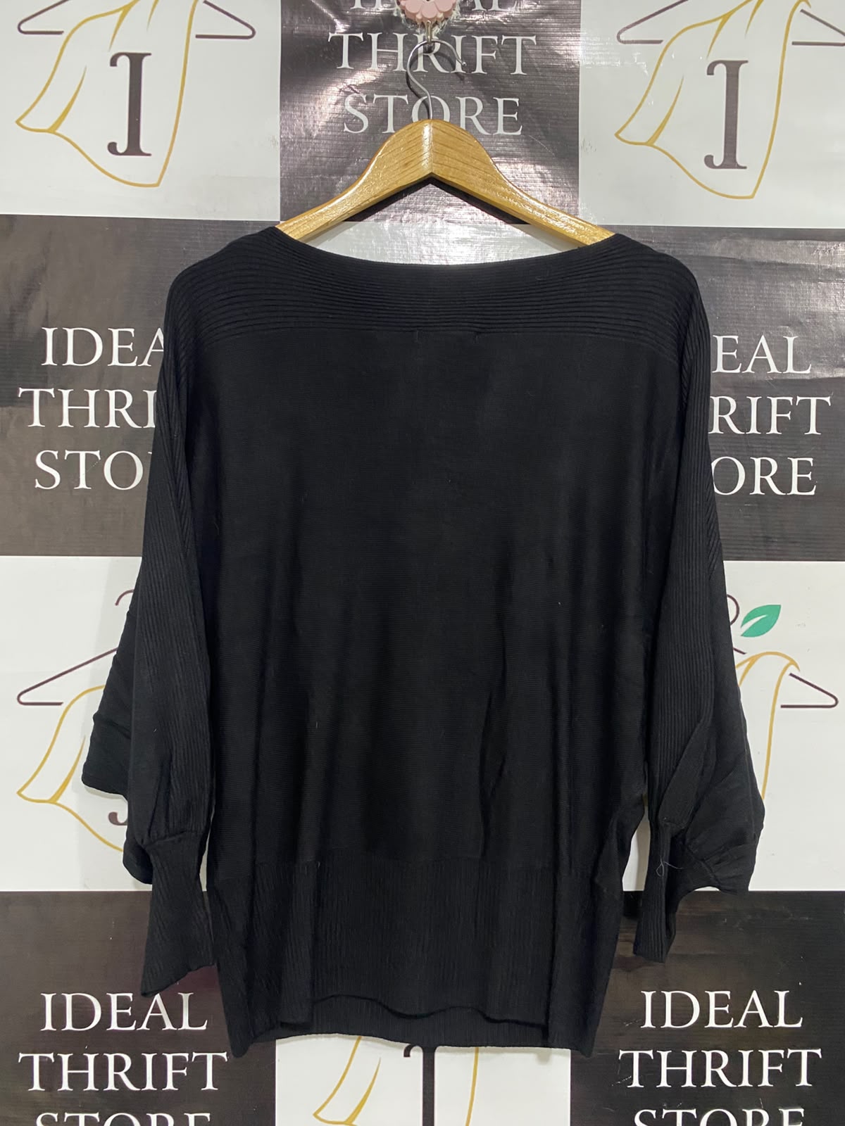 SES |L | BUST FREE | A73 |  BLACK BOAT-NECK DOLMAN-SLEEVE RIBBED KNIT SWEATER TOP