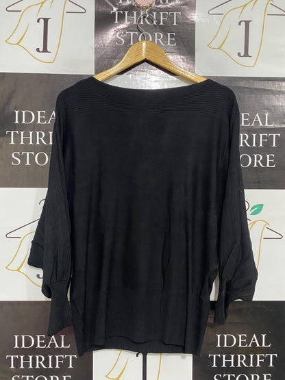 SES |L | BUST FREE | A73 |  BLACK BOAT-NECK DOLMAN-SLEEVE RIBBED KNIT SWEATER TOP