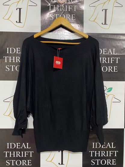 SES |L | BUST FREE | A73 |  BLACK BOAT-NECK DOLMAN-SLEEVE RIBBED KNIT SWEATER TOP