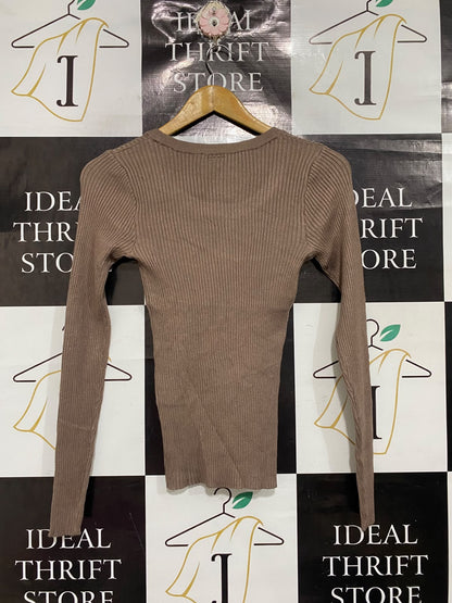 ANKO |S | BUST 12 | A73 |  BROWN RIBBED SCOOP-NECK LONG-SLEEVE TOP