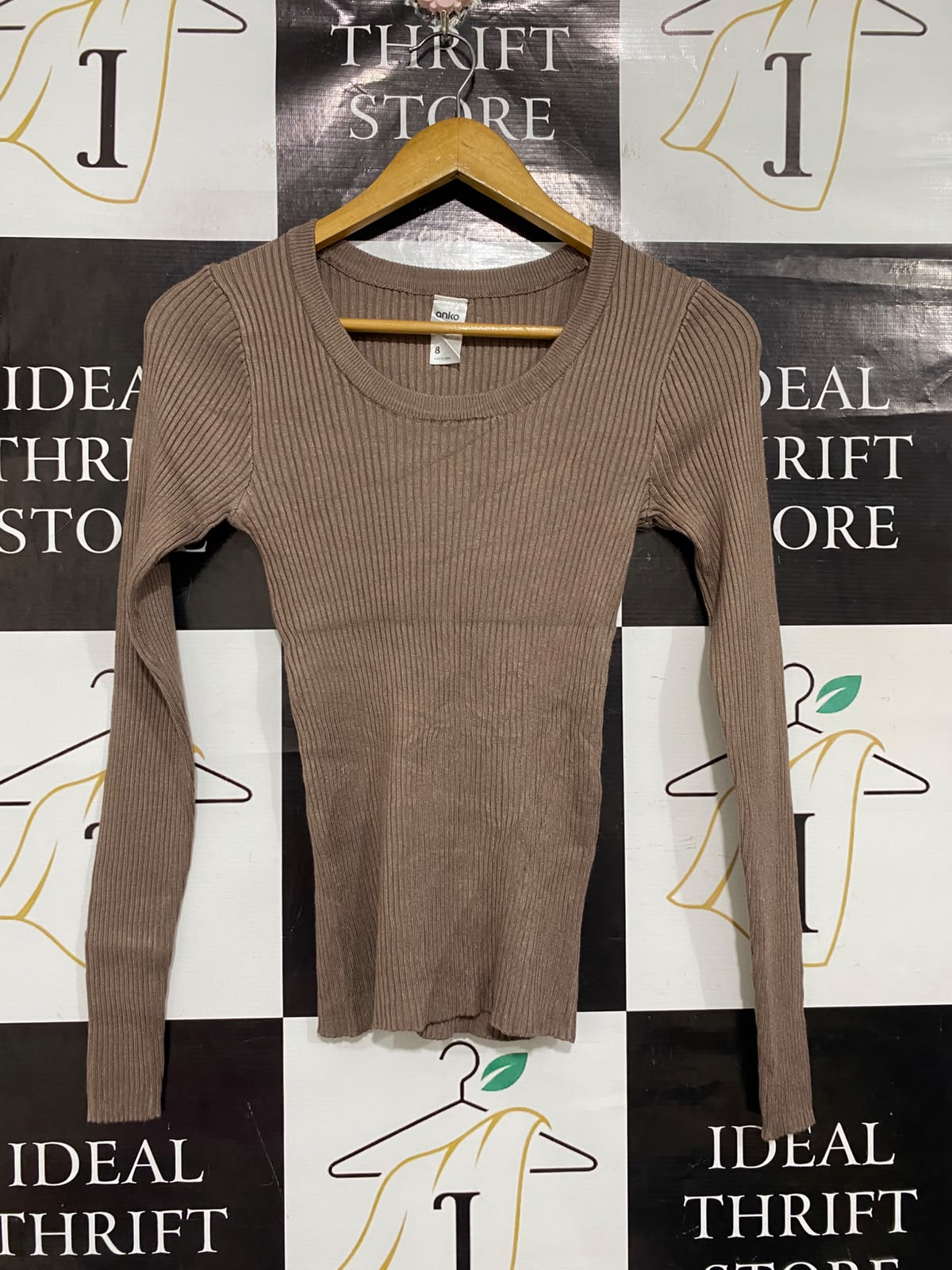 ANKO |S | BUST 12 | A73 |  BROWN RIBBED SCOOP-NECK LONG-SLEEVE TOP