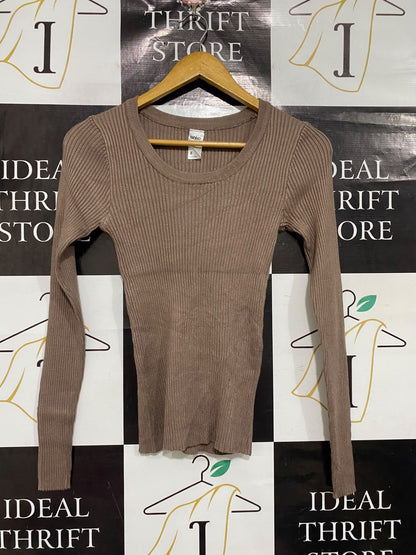 ANKO |S | BUST 12 | A73 |  BROWN RIBBED SCOOP-NECK LONG-SLEEVE TOP