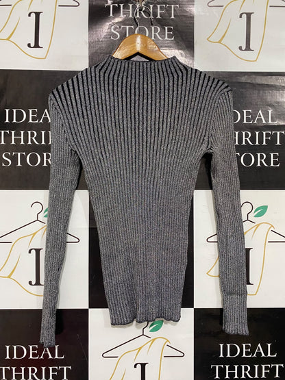 WITCHERY |XS | BUST 14 | A73 |  BLACK AND SILVER METALLIC RIBBED LONG-SLEEVE TOP