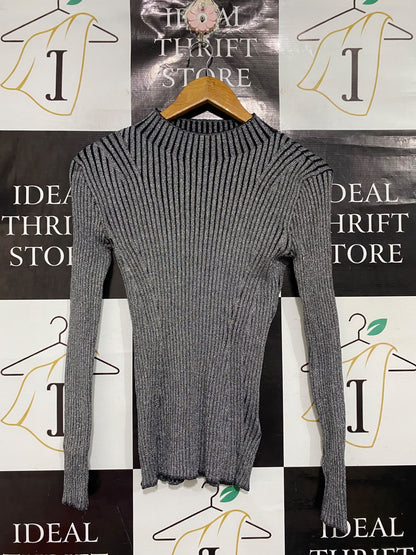 WITCHERY |XS | BUST 14 | A73 |  BLACK AND SILVER METALLIC RIBBED LONG-SLEEVE TOP