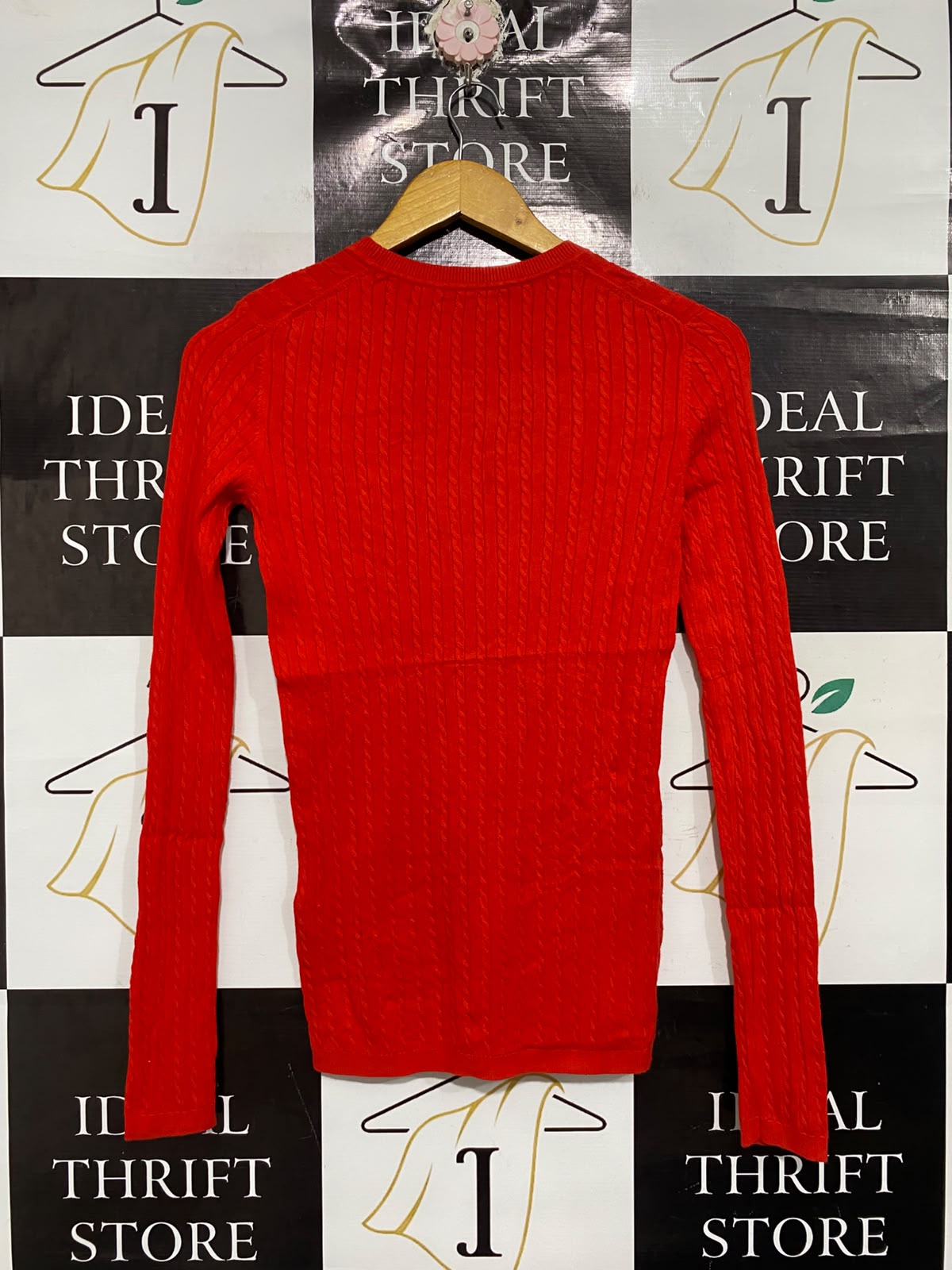 TOMMY HILFIGER |XS | BUST 15 | A73 |  RED CABLE-KNIT CREW-NECK LONG-SLEEVE SWEATER TOP