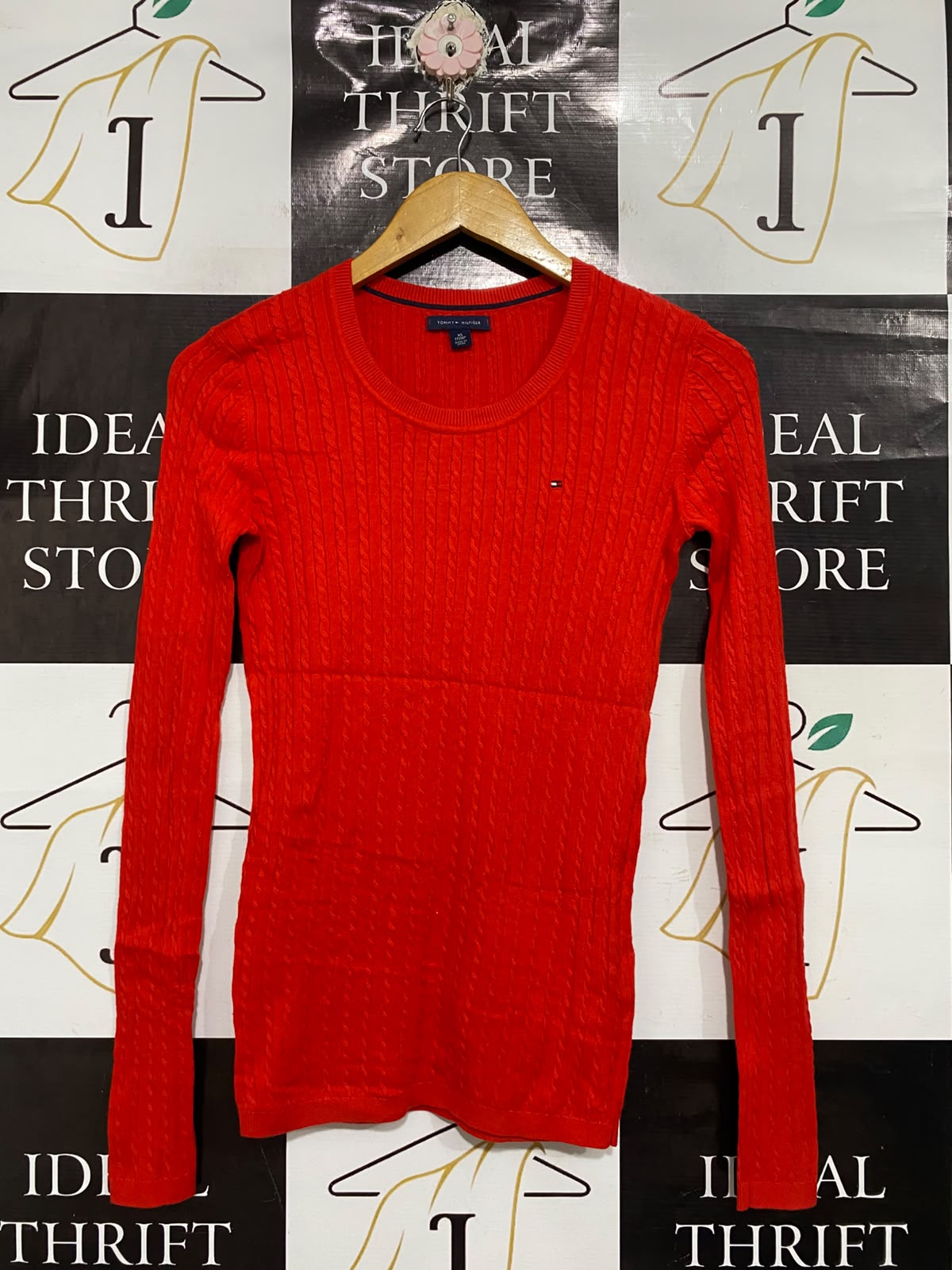 TOMMY HILFIGER |XS | BUST 15 | A73 |  RED CABLE-KNIT CREW-NECK LONG-SLEEVE SWEATER TOP