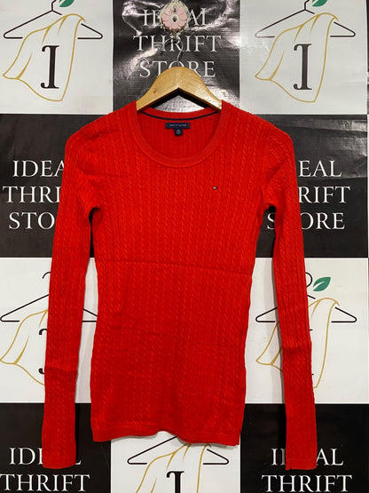 TOMMY HILFIGER |XS | BUST 15 | A73 |  RED CABLE-KNIT CREW-NECK LONG-SLEEVE SWEATER TOP