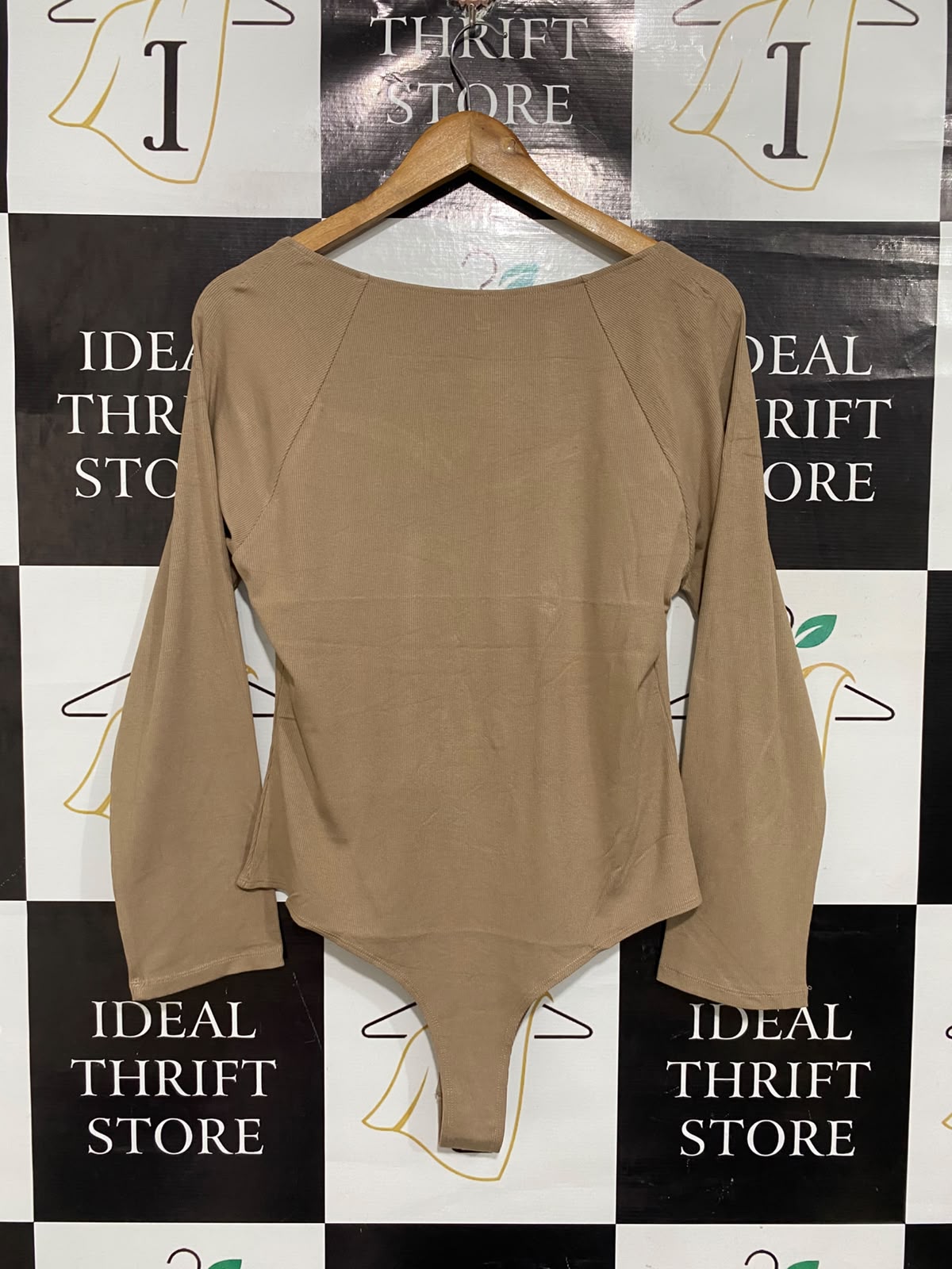 REORIA |M | BUST 18 | A73 |  BROWN RIBBED SWEETHEART NECK LONG-SLEEVE BODYSUIT