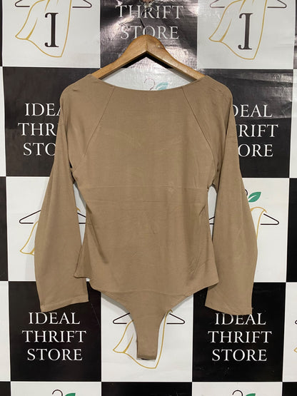 REORIA |M | BUST 18 | A73 |  BROWN RIBBED SWEETHEART NECK LONG-SLEEVE BODYSUIT