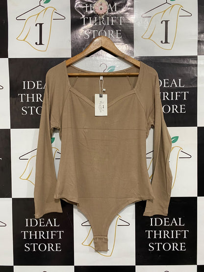 REORIA |M | BUST 18 | A73 |  BROWN RIBBED SWEETHEART NECK LONG-SLEEVE BODYSUIT
