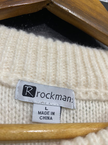 ROCKMANS |L | BUST 20 | A73 | CREAM PEARL-EMBELLISHED CABLE-KNIT CREW-NECK SWEATER