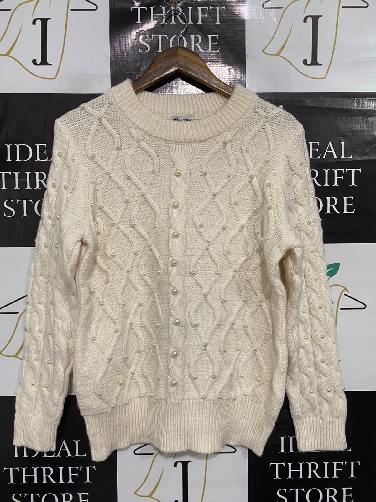 ROCKMANS |L | BUST 20 | A73 | CREAM PEARL-EMBELLISHED CABLE-KNIT CREW-NECK SWEATER