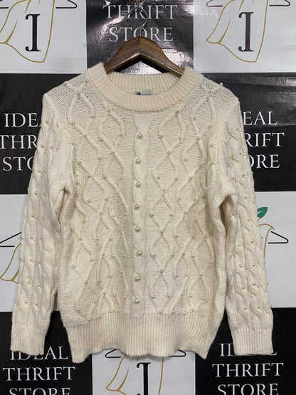 ROCKMANS |L | BUST 20 | A73 | CREAM PEARL-EMBELLISHED CABLE-KNIT CREW-NECK SWEATER