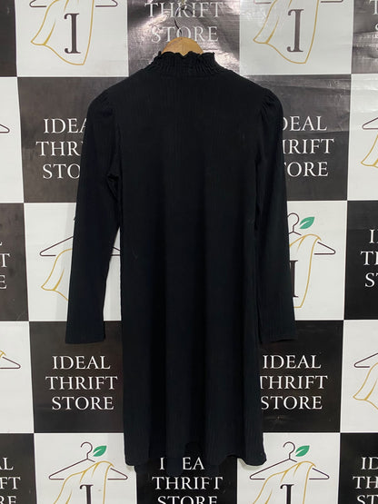 NEW LOOK |S | BUST 16 | A73 |  MATERNITY BLACK RUFFLE-NECK RIBBED LONG-SLEEVE MIDI DRESS