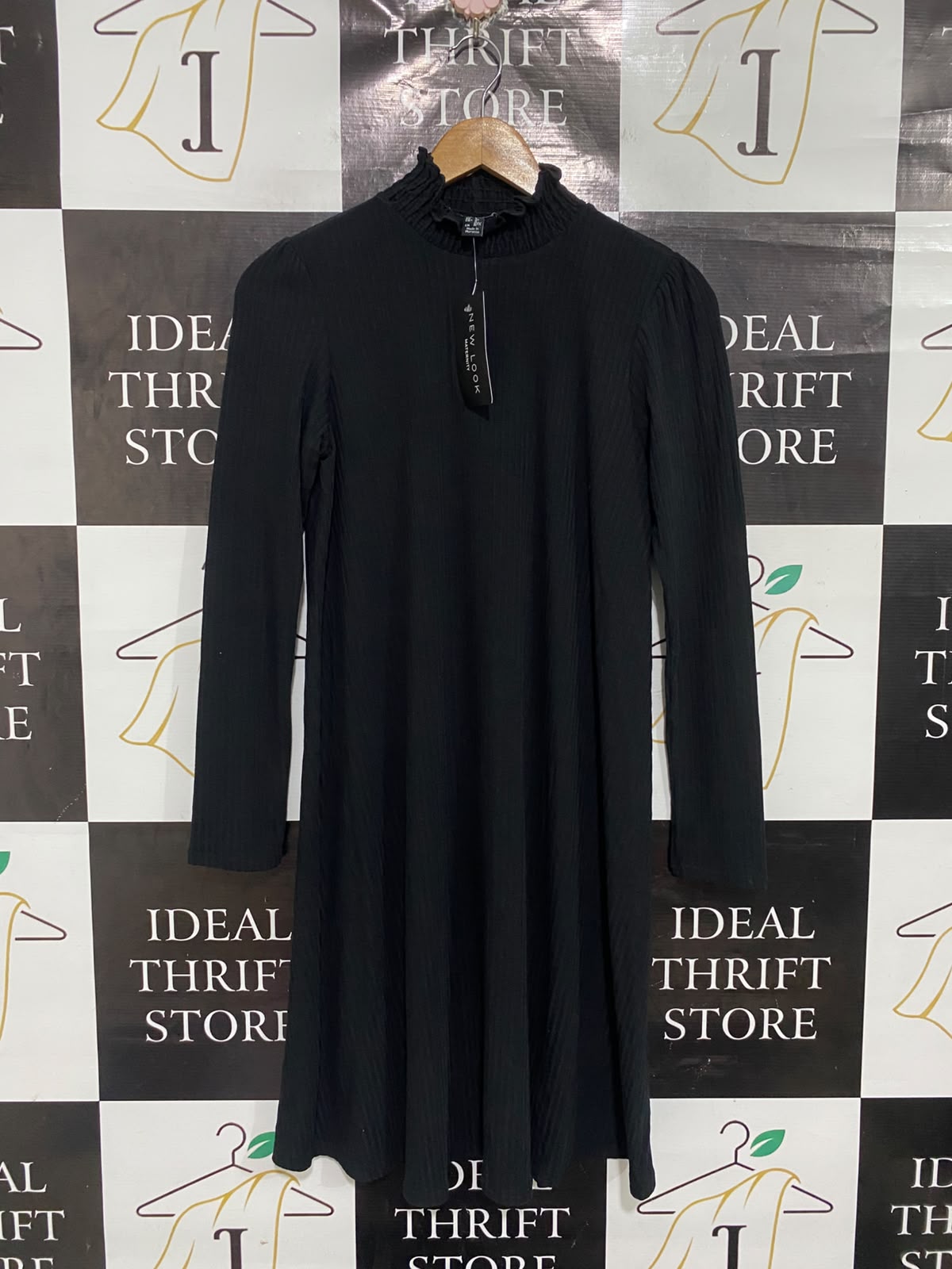 NEW LOOK |S | BUST 16 | A73 |  MATERNITY BLACK RUFFLE-NECK RIBBED LONG-SLEEVE MIDI DRESS