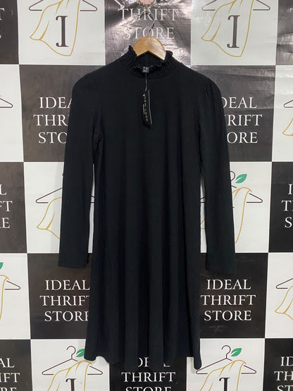NEW LOOK |S | BUST 16 | A73 |  MATERNITY BLACK RUFFLE-NECK RIBBED LONG-SLEEVE MIDI DRESS