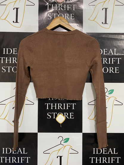 RUMOR |S/M | BUST 14 | A73 |  BROWN RIBBED BUTTON-UP CROPPED CARDIGAN TOP