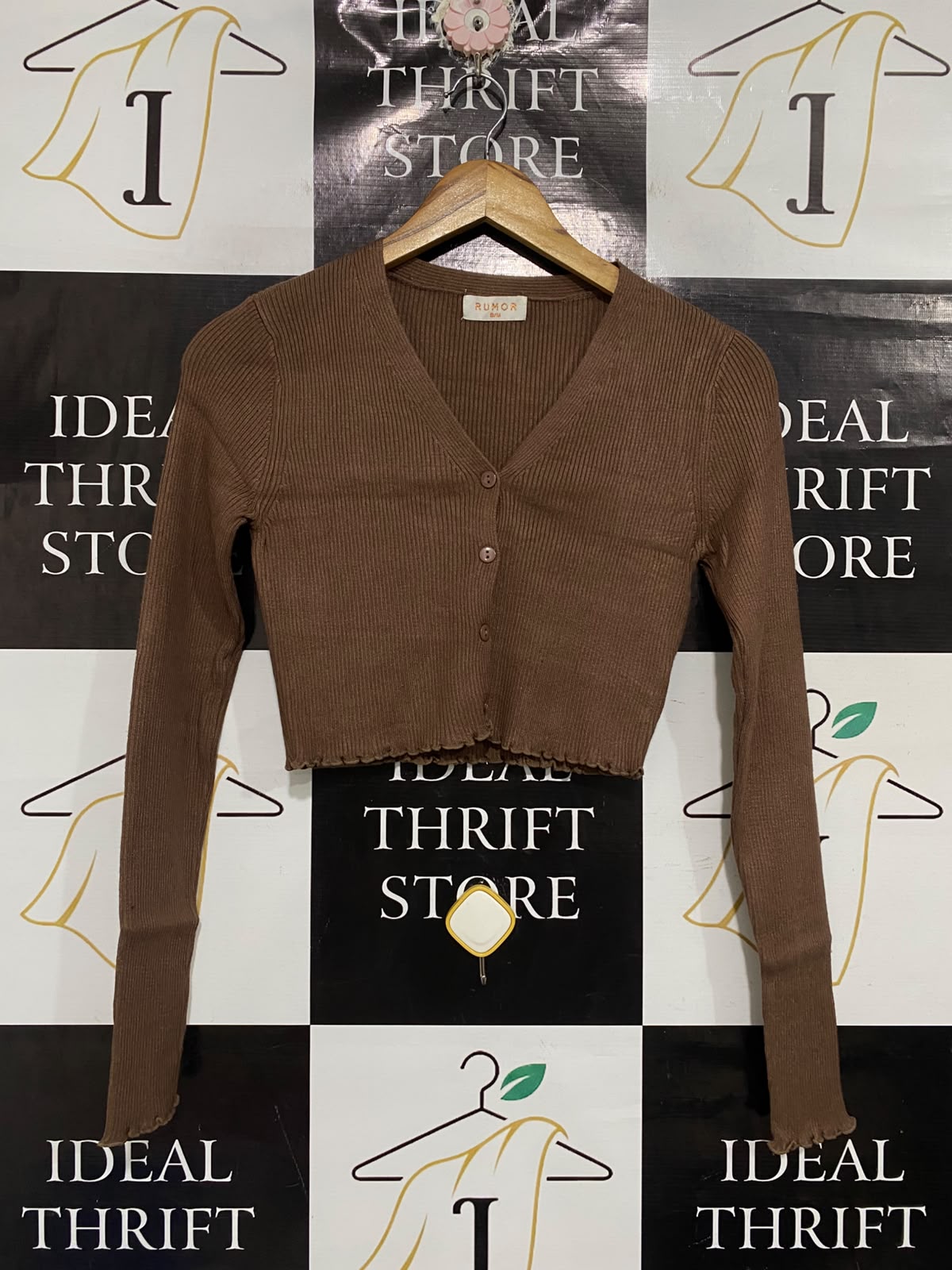 RUMOR |S/M | BUST 14 | A73 |  BROWN RIBBED BUTTON-UP CROPPED CARDIGAN TOP