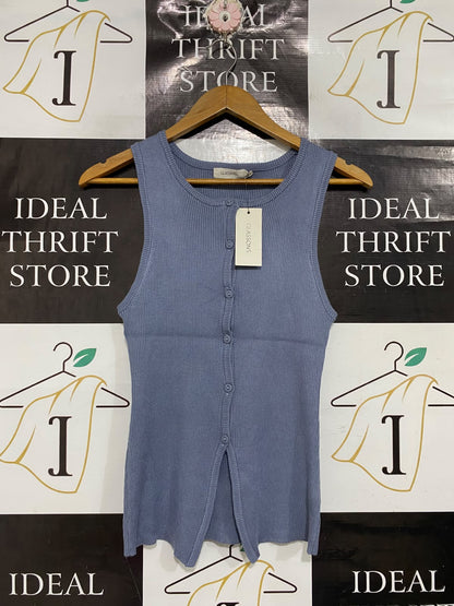 GLASSONS |L | BUST 13 | A73 |  DUSTY BLUE RIBBED BUTTON-FRONT SLEEVELESS TANK TOP