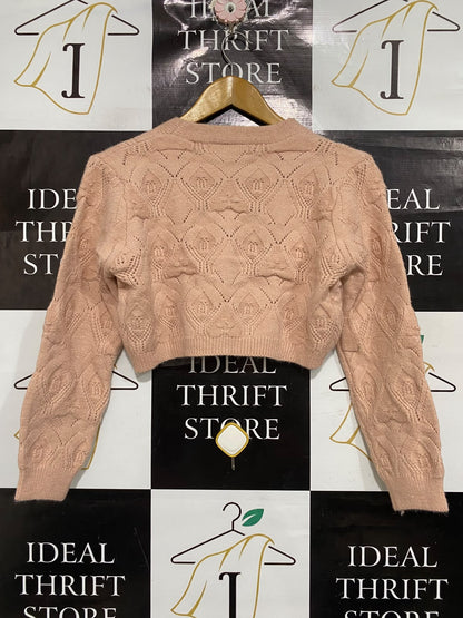 |S | BUST 18 | A72 | PEACH FLORAL EMBROIDERED CABLE-KNIT V-NECK CROPPED CARDIGAN