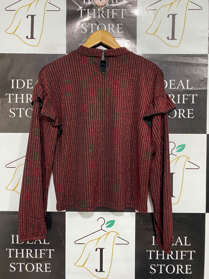 KIDS  |XS | BUST 20 | A72 | RED AND BLACK METALLIC STRIPED RUFFLE SHOULDER LONG-SLEEVE TOP