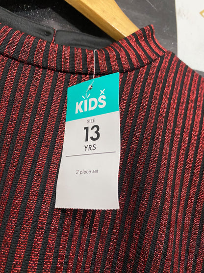 KIDS  |XS | BUST 20 | A72 | RED AND BLACK METALLIC STRIPED RUFFLE SHOULDER LONG-SLEEVE TOP