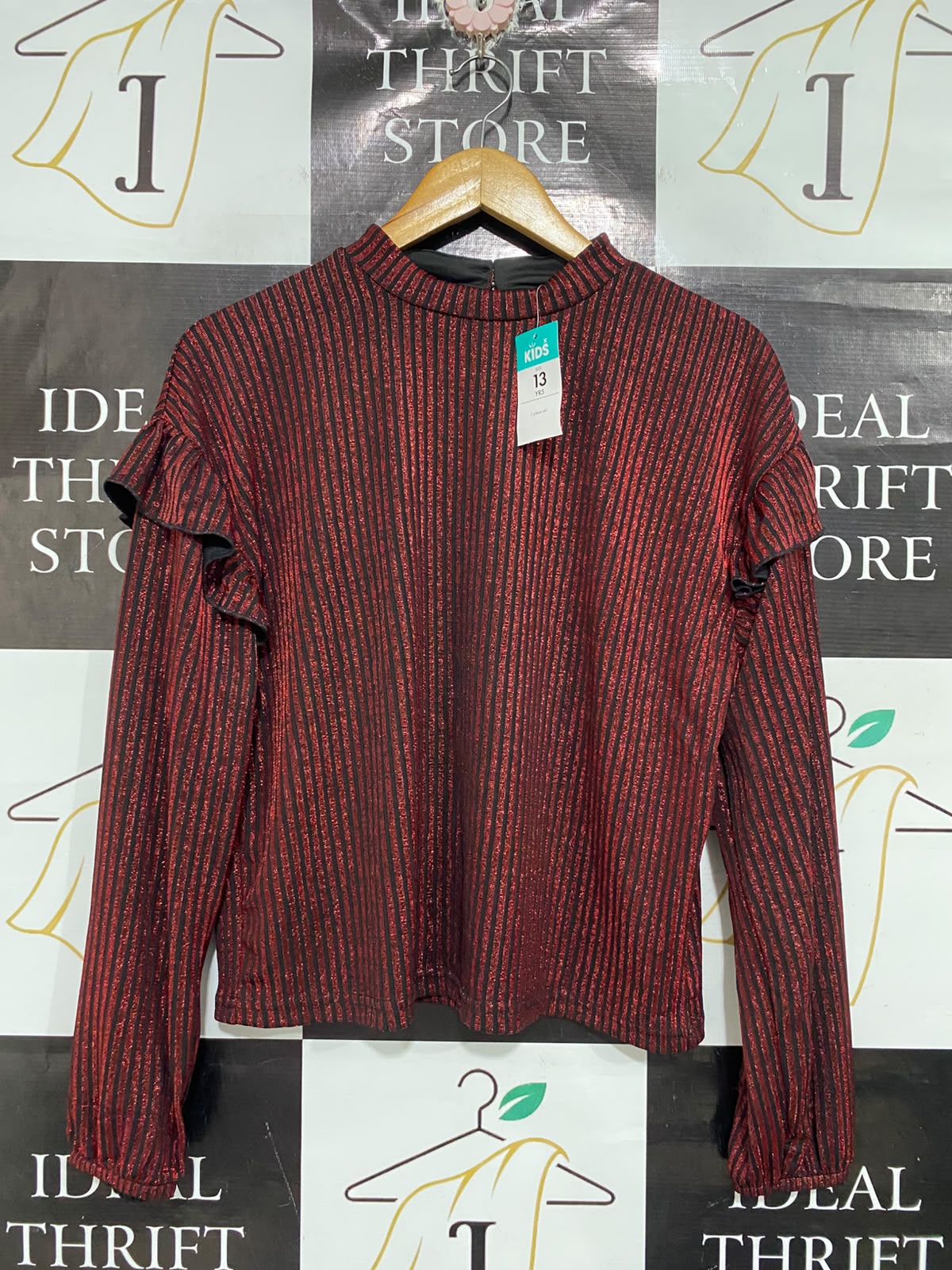 KIDS  |XS | BUST 20 | A72 | RED AND BLACK METALLIC STRIPED RUFFLE SHOULDER LONG-SLEEVE TOP