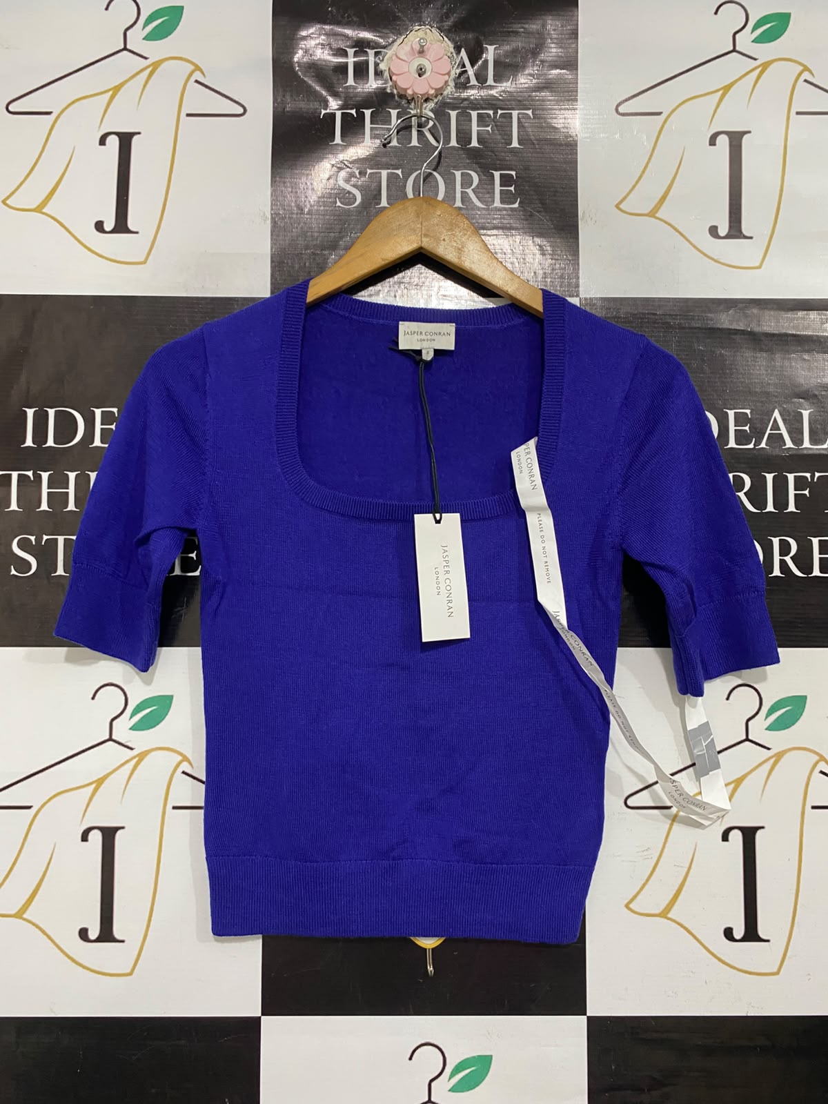 JASPER CONRAN |S | BUST 15 | A72 |  LONDON BLUE SQUARE-NECK HALF-SLEEVE RIBBED KNIT TOP