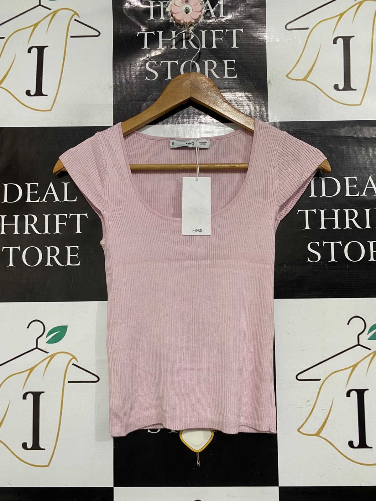 MNG |XS | BUST 12 | A72 |  PINK RIBBED SCOOP-NECK SHORT-SLEEVE KNIT TOP