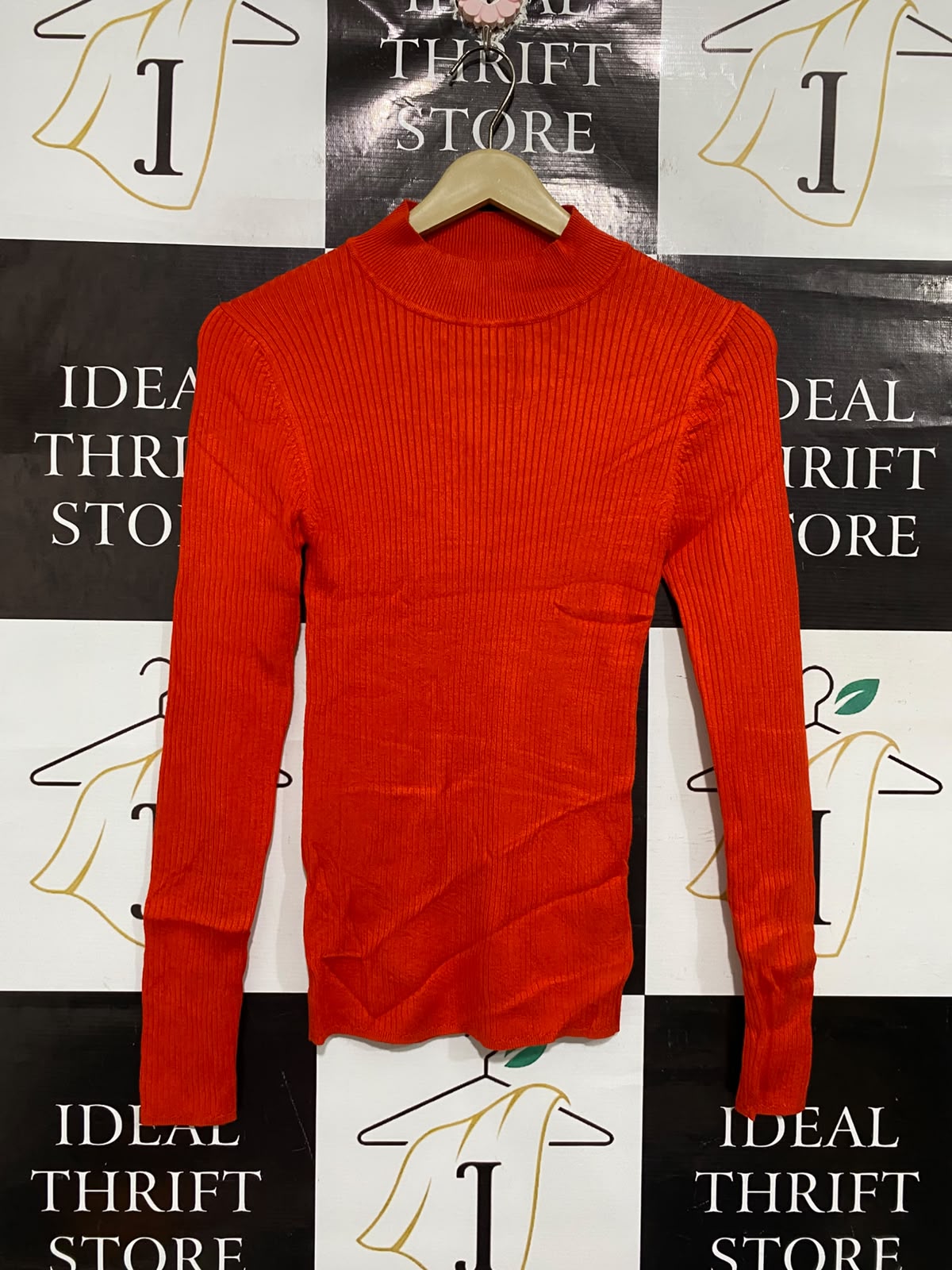 PRIMARK CARES |S | BUST 12 | A72 |  CARES ORANGE RIBBED MOCK-NECK LONG-SLEEVE KNIT TOP