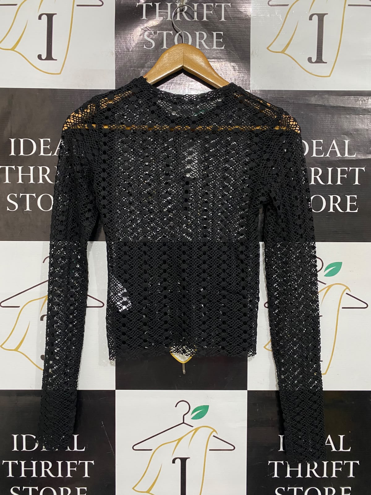 PRIMARK |XS | BUST  14| A72 |  BLACK CROCHET OPEN-KNIT SHEER LONG-SLEEVE TOP