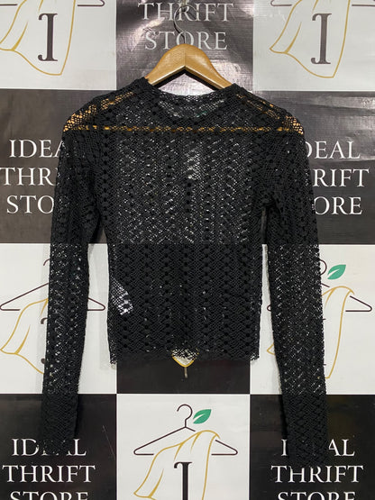 PRIMARK |XS | BUST  14| A72 |  BLACK CROCHET OPEN-KNIT SHEER LONG-SLEEVE TOP