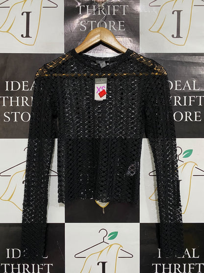 PRIMARK |XS | BUST  14| A72 |  BLACK CROCHET OPEN-KNIT SHEER LONG-SLEEVE TOP