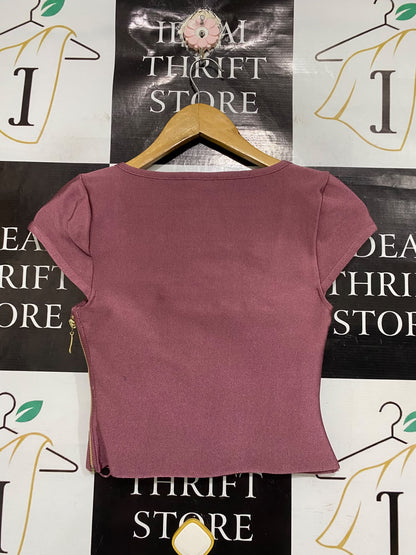 ASOS DESIGN |XS | BUST 13 | A72 |  MAUVE SQUARE-NECK SHORT-SLEEVE STRUCTURED KNIT TOP
