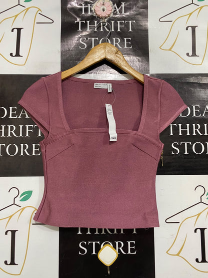 ASOS DESIGN |XS | BUST 13 | A72 |  MAUVE SQUARE-NECK SHORT-SLEEVE STRUCTURED KNIT TOP