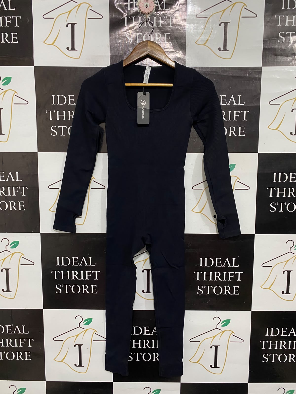 MOOSLOVER |S | BUST 12 | A72 |  BLACK RIBBED SQUARE-NECK LONG-SLEEVE ACTIVE JUMPSUIT