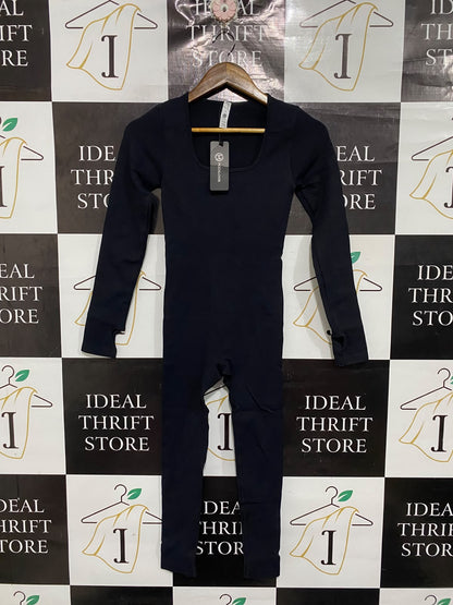 MOOSLOVER |S | BUST 12 | A72 |  BLACK RIBBED SQUARE-NECK LONG-SLEEVE ACTIVE JUMPSUIT
