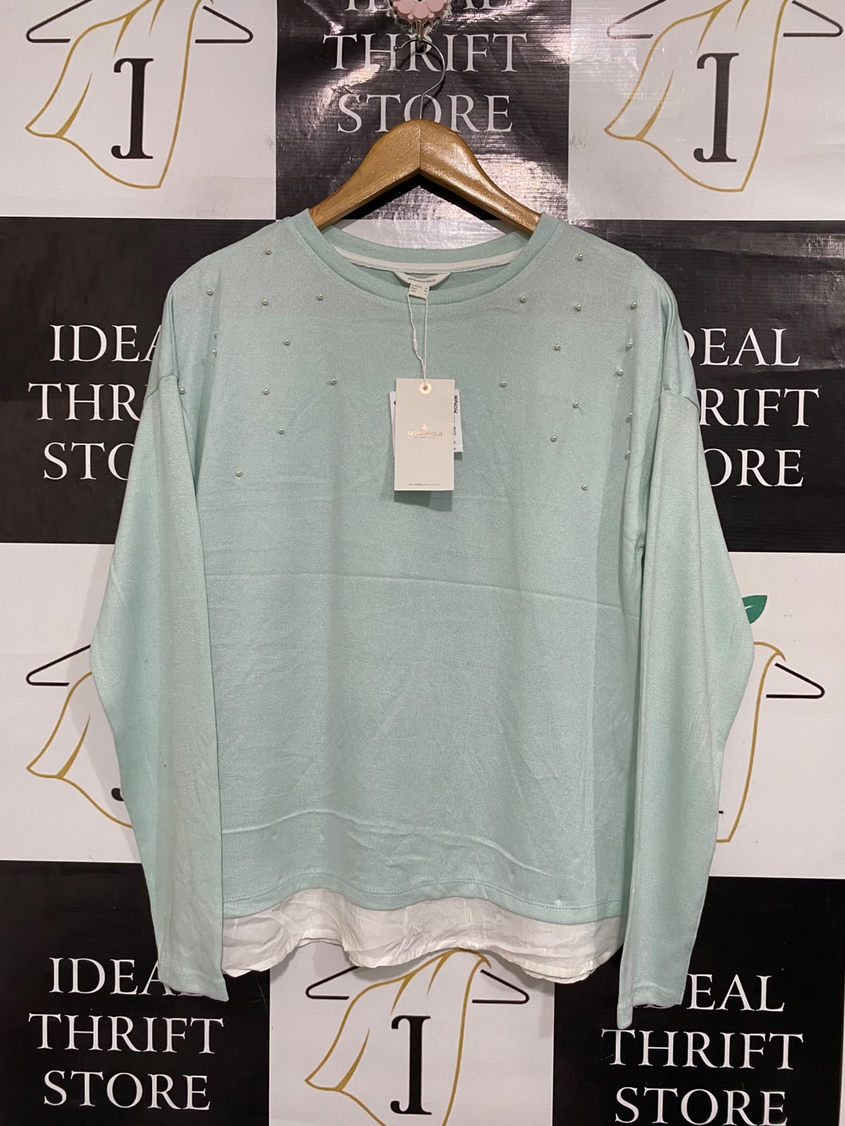 SPRINGFIELD |M | BUST 20 | A72 |  MINT GREEN PEARL-EMBELLISHED LAYERED-HEM KNIT SWEATER