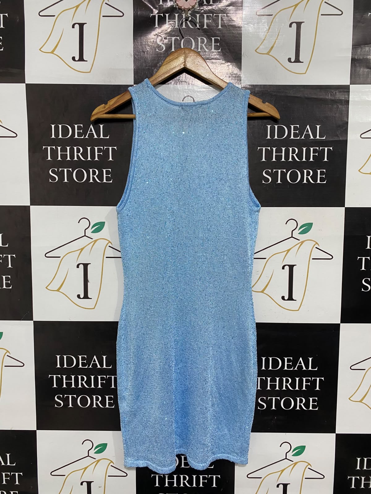 WHITE FOX |L | BUST 15 | A72 |  BLUE BEADED STARFISH KNIT MINI DRESS