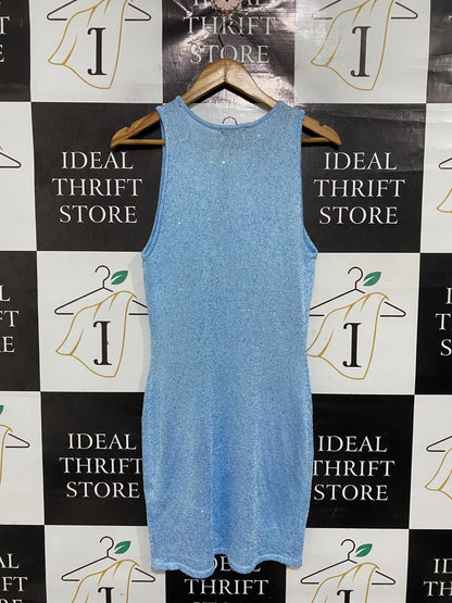 WHITE FOX |L | BUST 15 | A72 |  BLUE BEADED STARFISH KNIT MINI DRESS
