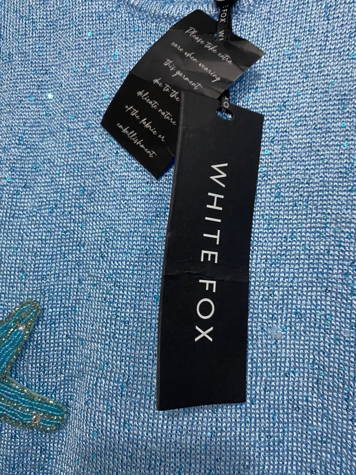WHITE FOX |L | BUST 15 | A72 |  BLUE BEADED STARFISH KNIT MINI DRESS