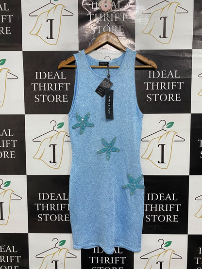 WHITE FOX |L | BUST 15 | A72 |  BLUE BEADED STARFISH KNIT MINI DRESS