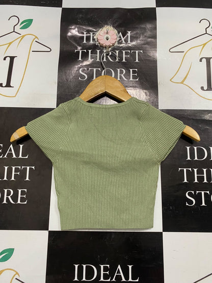 PERFECT STRANGER |XS | BUST 10 | A72 |  SAGE GREEN RIBBED SQUARE-NECK CROPPED KNIT TOP