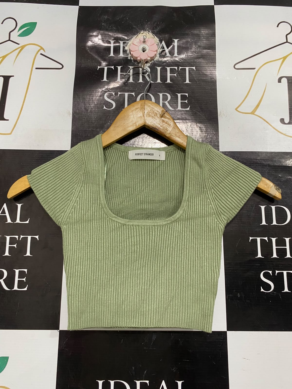 PERFECT STRANGER |XS | BUST 10 | A72 |  SAGE GREEN RIBBED SQUARE-NECK CROPPED KNIT TOP