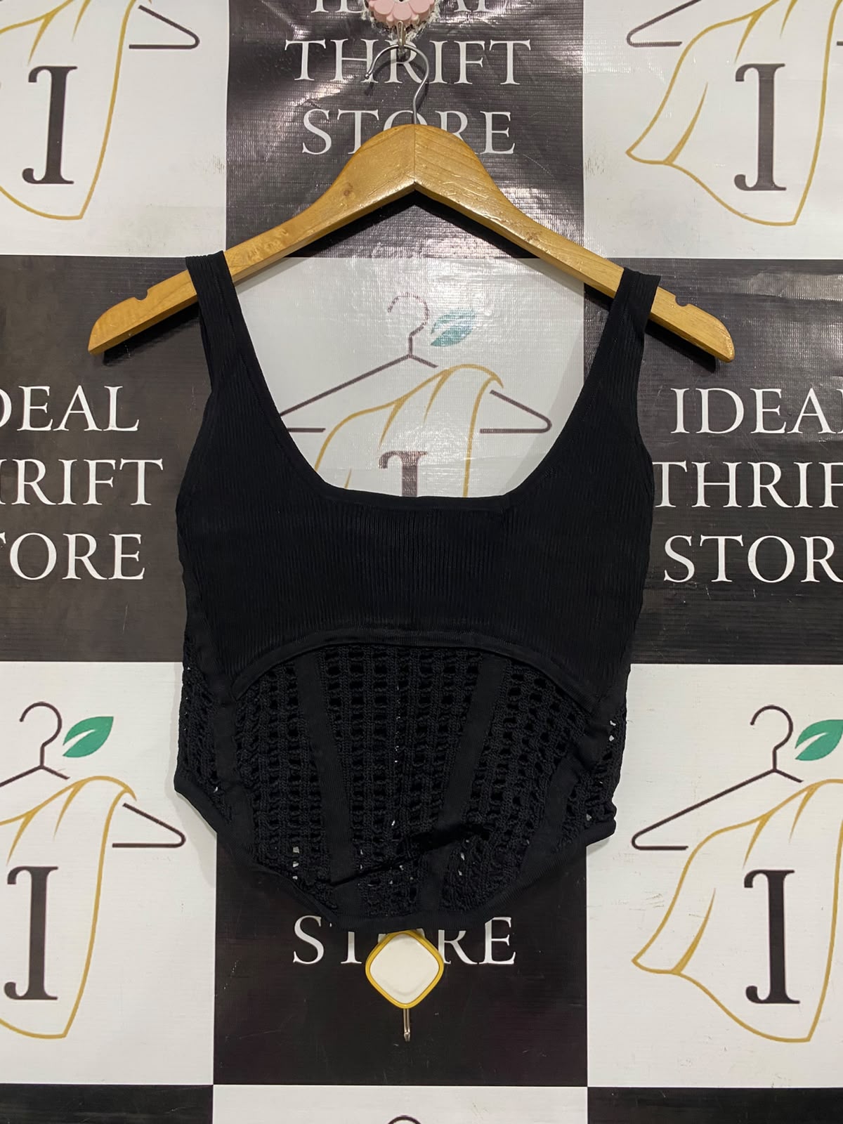 DILVIN |S | BUST 14 | A72 |  BLACK RIBBED & OPEN-KNIT CORSET-STYLE TANK TOP