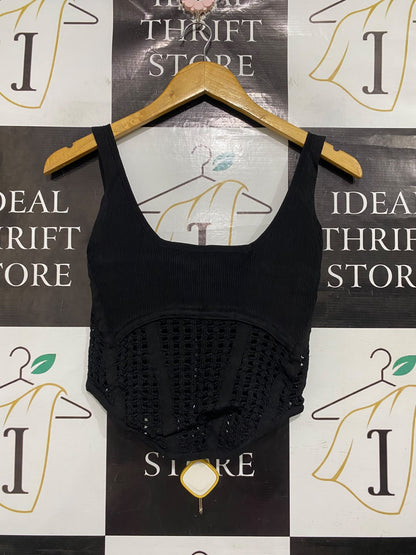 DILVIN |S | BUST 14 | A72 |  BLACK RIBBED & OPEN-KNIT CORSET-STYLE TANK TOP