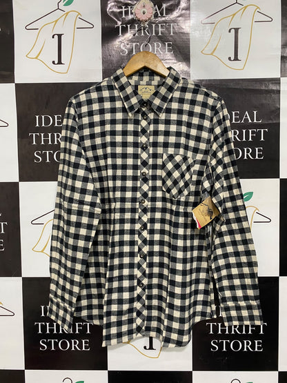 BLUE MOUNTAIN  |L | BUST 23 | A72 | BLACK & WHITE CHECKERED COTTON FLANNEL BUTTON-DOWN SHIRT