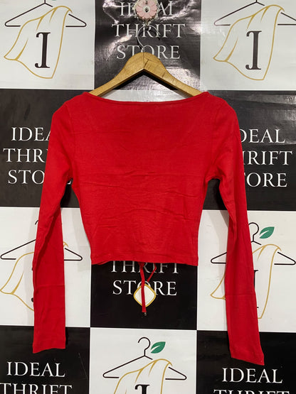 KOOKAI |S | BUST 15 | A72 |  RED RIBBED V-NECK RUCHED DRAWSTRING CROPPED KNIT TOP