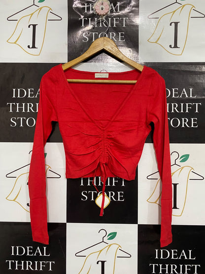 KOOKAI |S | BUST 15 | A72 |  RED RIBBED V-NECK RUCHED DRAWSTRING CROPPED KNIT TOP